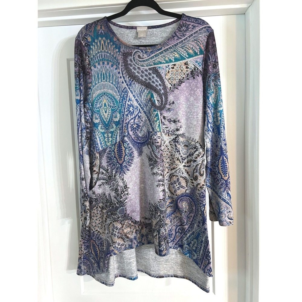 Chicos Paisley Ikat Patchwork Beaded Top Blue Purple Size 2 Large Boho Jewel